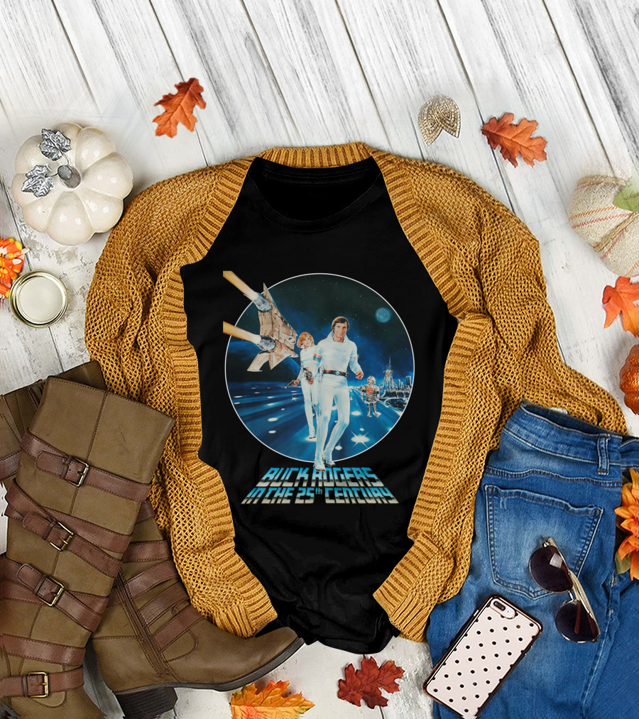 Buck Rogers in the 25th Century Space Adventure Crew and Starship on Futuristic Landscape T-Shirt