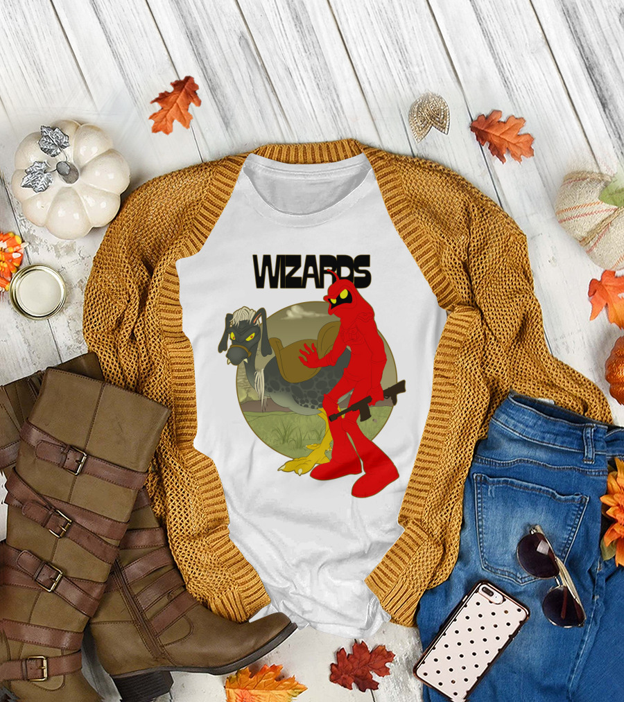 Wizards Animation Character with Red Humanoid and Armed Bird T-Shirt