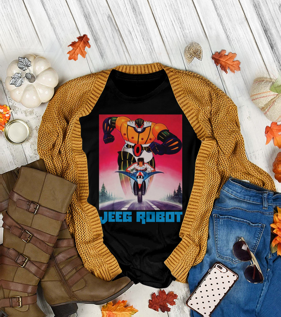 Jeeg Robot Anime Character with Motorcycle Racing T-Shirt