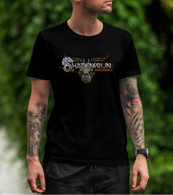 Shadowrun Dragonfall Logo With Mechanical Dragon Head And Tribal T-Shirt