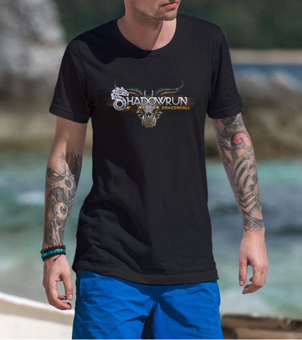Shadowrun Dragonfall Logo With Mechanical Dragon Head And Tribal T-Shirt