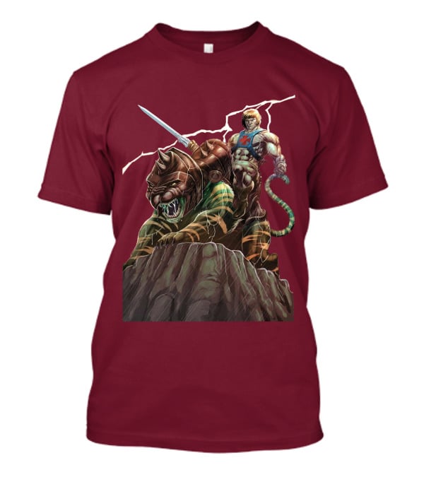 He Man Masters Of The Universe Sword And Battle Cat On Cliff With Lightning T-Shirt
