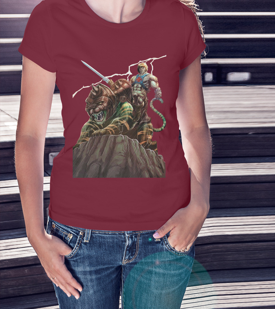He Man Masters Of The Universe Sword And Battle Cat On Cliff With Lightning T-Shirt