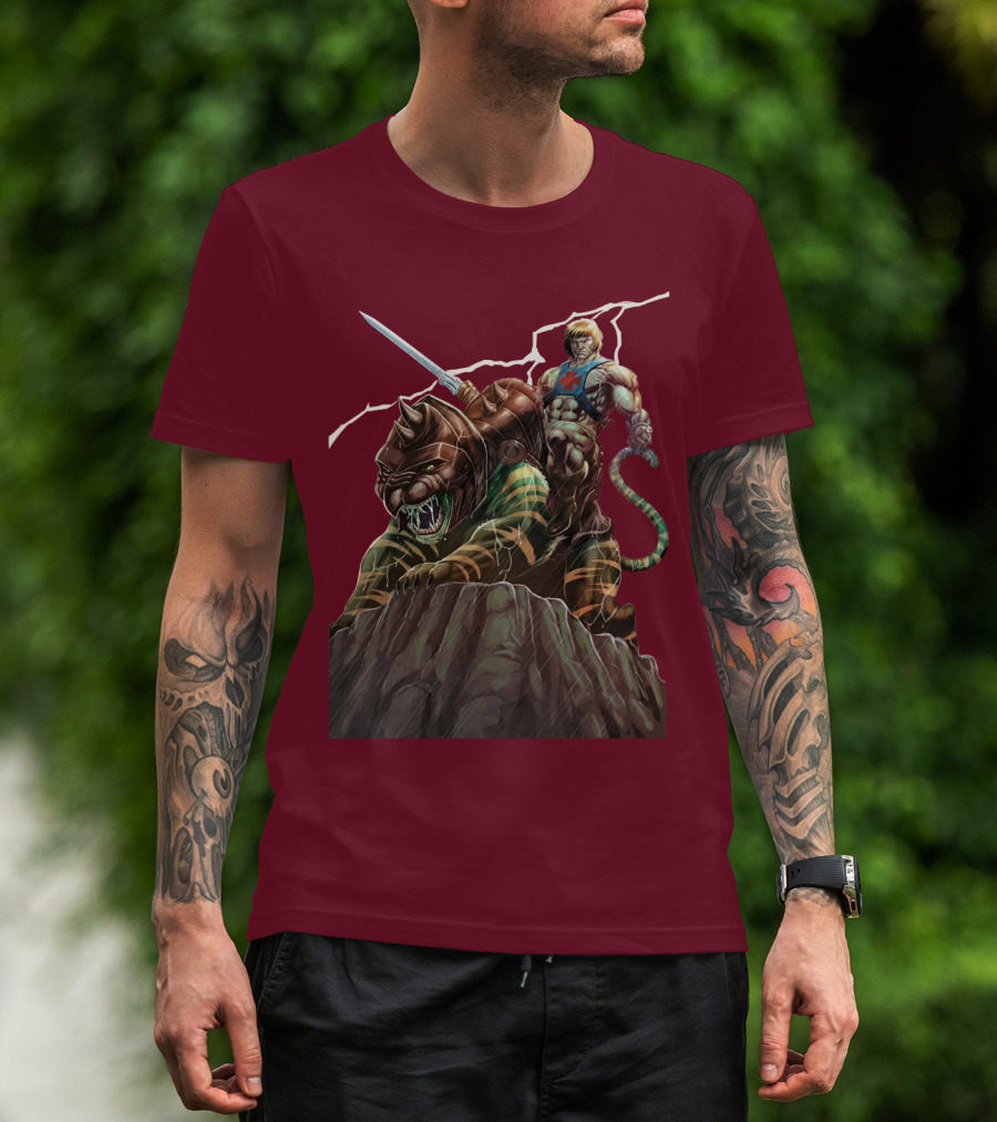 He Man Masters Of The Universe Sword And Battle Cat On Cliff With Lightning T-Shirt