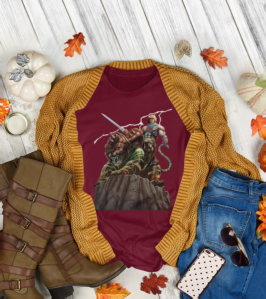 He Man Masters of the Universe Sword and Battle Cat on Cliff with Lightning T-Shirt