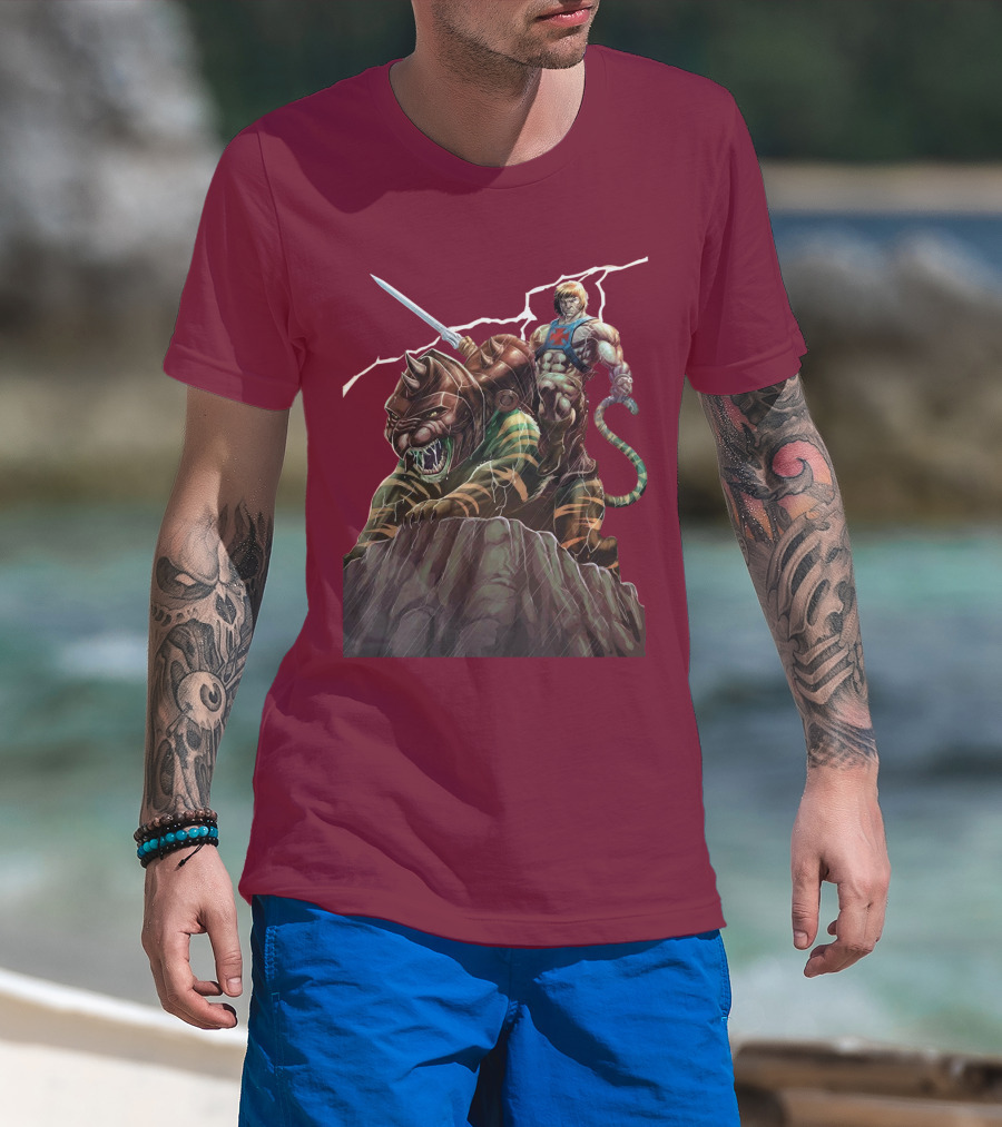 He Man Masters Of The Universe Sword And Battle Cat On Cliff With Lightning T-Shirt