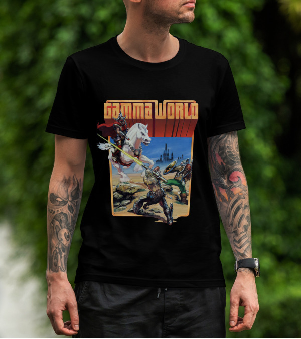 Gamma World Adventure Battle Scene With Futuristic Warriors And White Horse T-Shirt