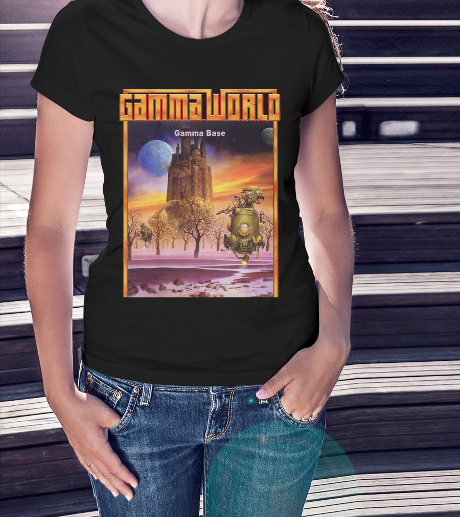 Gamma World Gamma Base Futuristic Castle With Robot On Alien Landscape T-Shirt