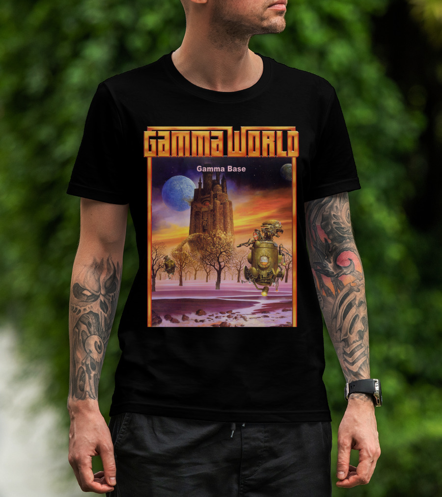 Gamma World Gamma Base Futuristic Castle With Robot On Alien Landscape T-Shirt