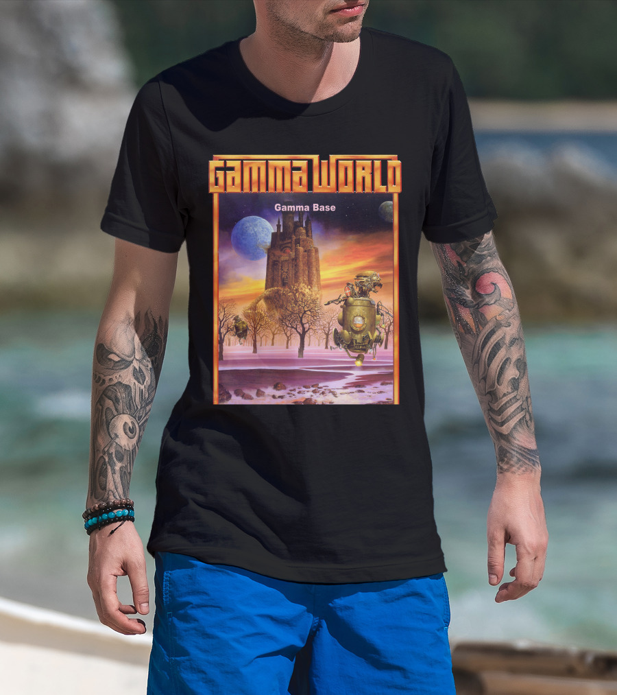 Gamma World Gamma Base Futuristic Castle With Robot On Alien Landscape T-Shirt