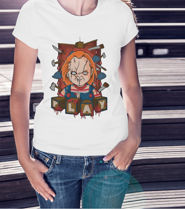 Chucky Blocks With Knives And Axes Background T-Shirt
