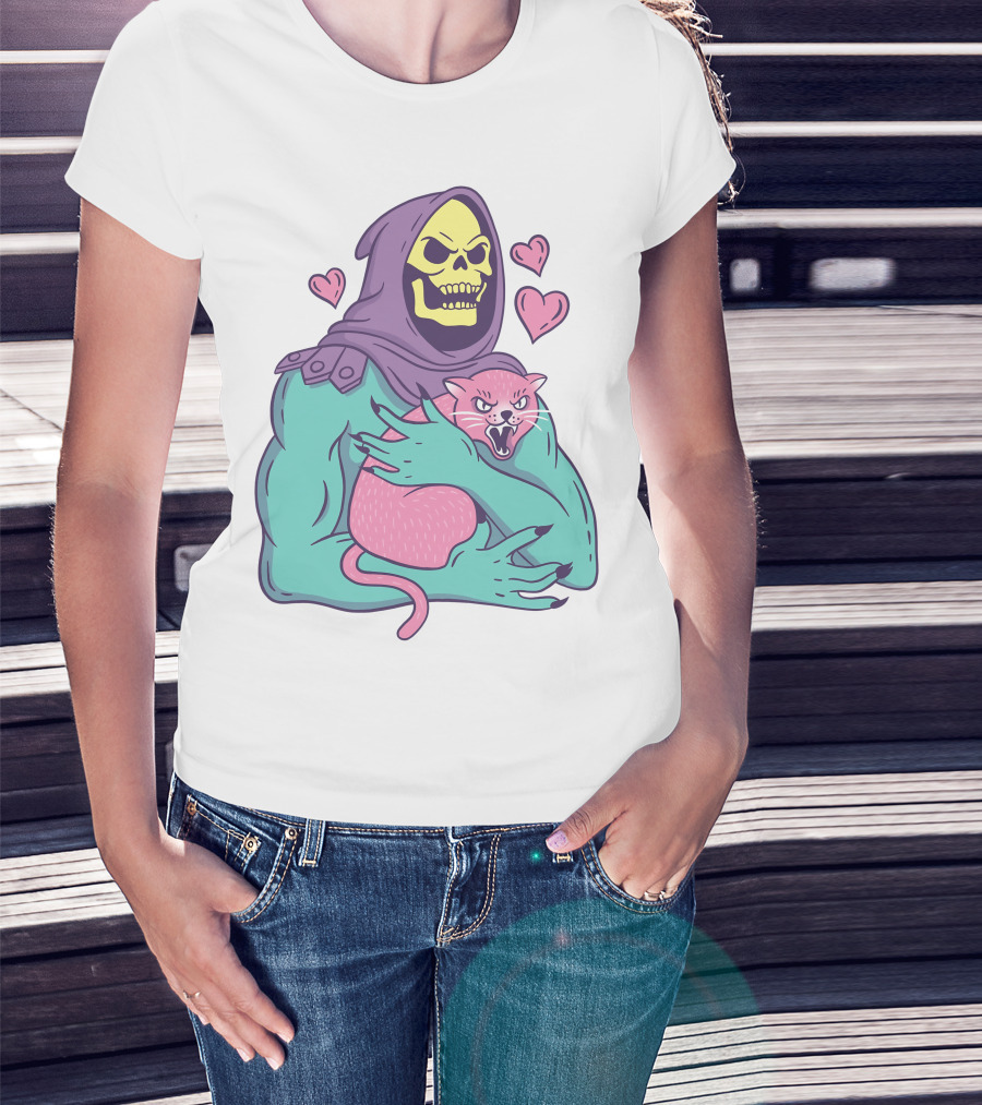 Skeletor Holding Pink Cat With Hearts T-Shirt