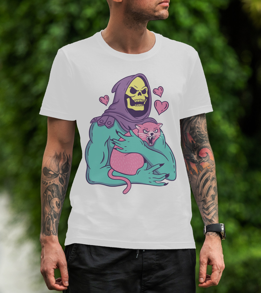 Skeletor Holding Pink Cat With Hearts T-Shirt