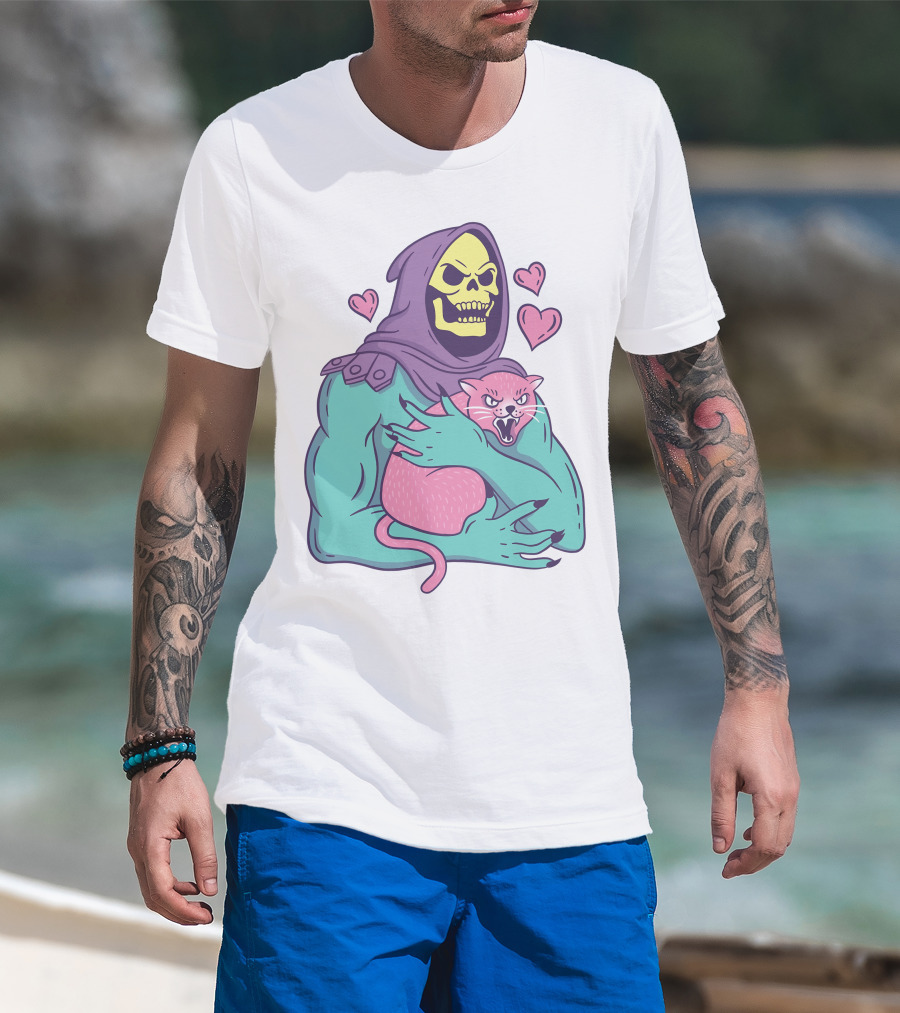 Skeletor Holding Pink Cat With Hearts T-Shirt
