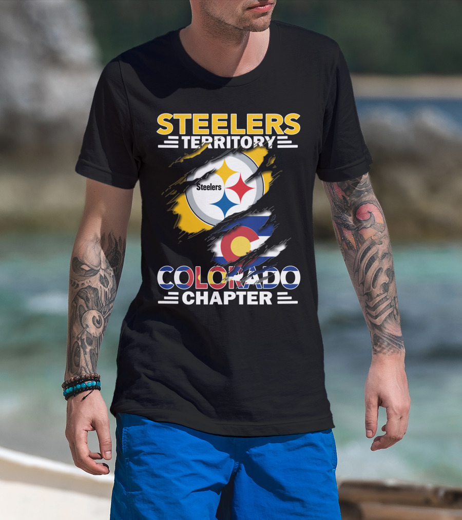 Steelers Territory Colorado Chapter Logo With Colorado Flag And Steelers T-Shirt