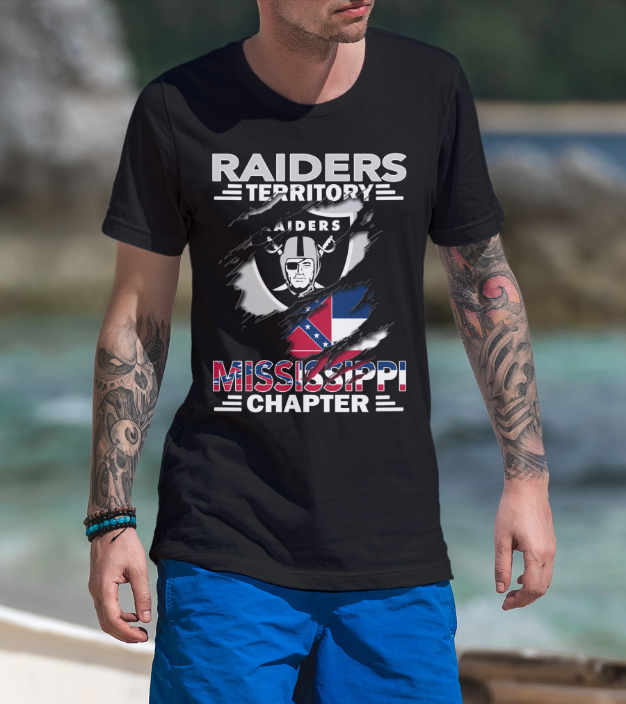 Raiders Territory Mississippi Chapter Nfl Fan Club Logo With Mississippi Flag Elements T-Shirt