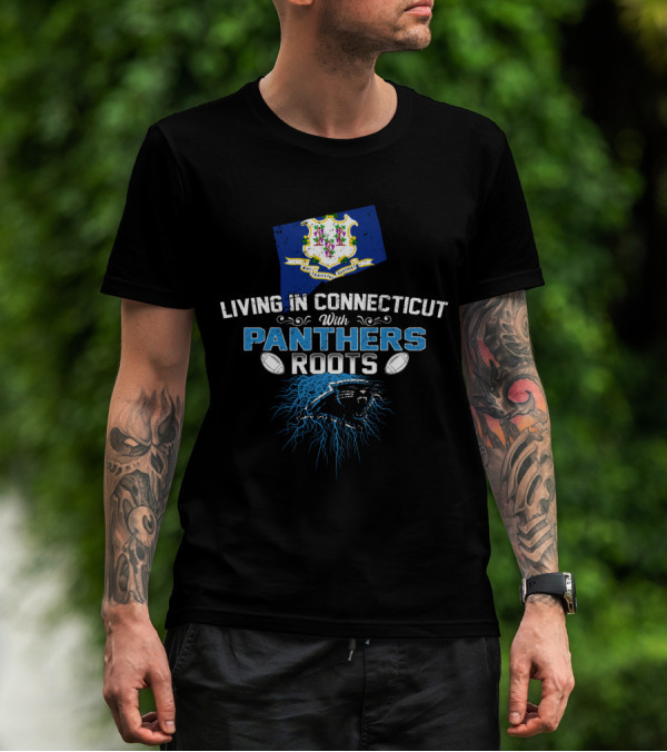 Living In Connecticut With Panthers Roots Connecticut State Map Panthers Logo Background T-Shirt
