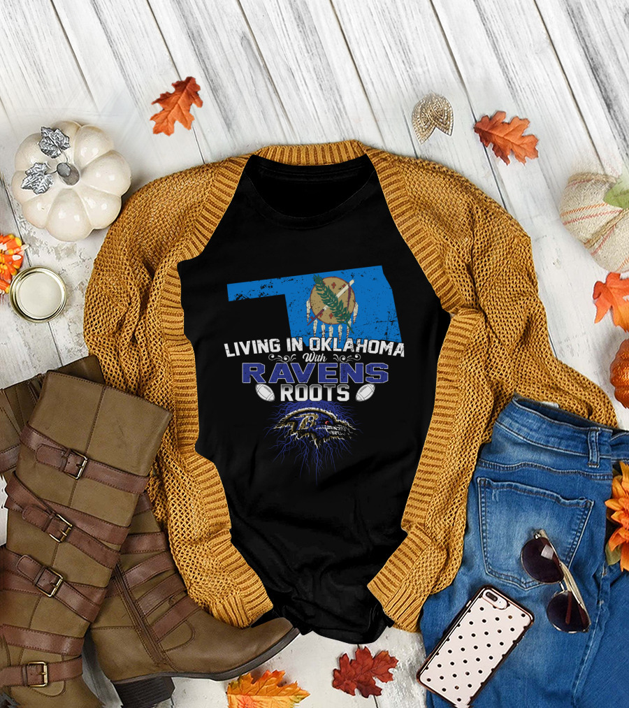 Living In Oklahoma With Ravens Roots Oklahoma Map Football T-Shirt