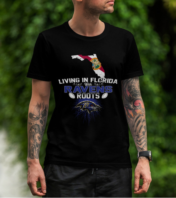 Living In Florida With Ravens Roots Baltimore Football Fan Map T-Shirt