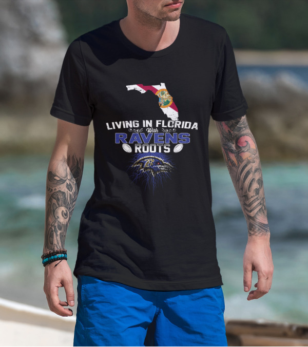 Living In Florida With Ravens Roots Baltimore Football Fan Map T-Shirt