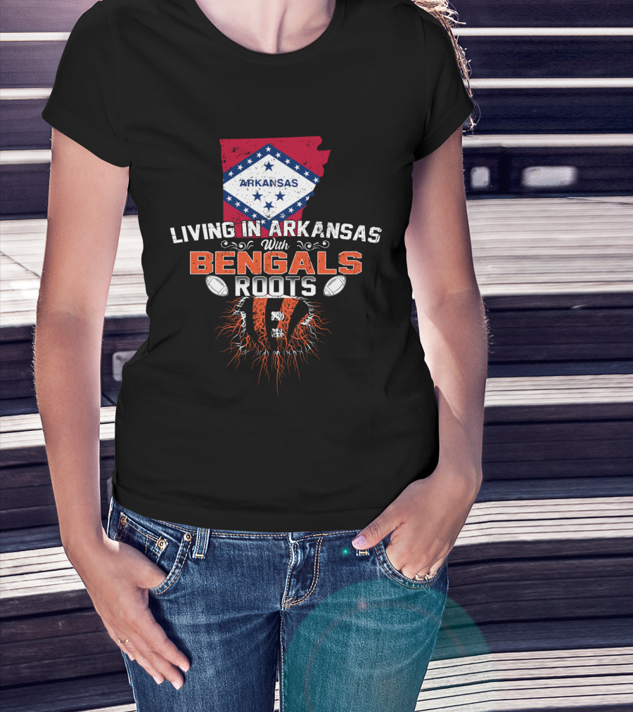 Living In Arkansas With Bengals Roots Football Graphic State Outline Flag T-Shirt