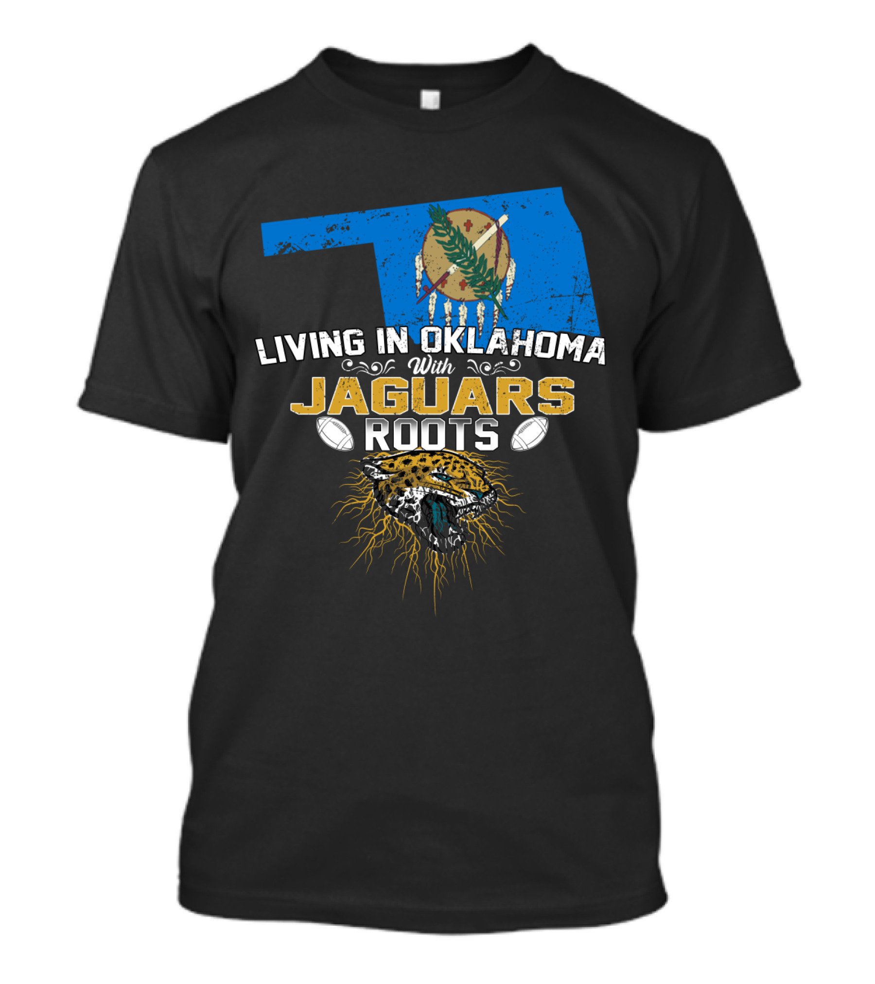 Living In Oklahoma With Jaguars Roots Map And Fierce Jaguar Emblem T-Shirt