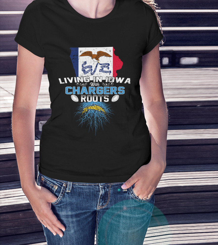 Living In Iowa With Chargers Roots And Iowa Flag And Lightning Football Graphics T-Shirt