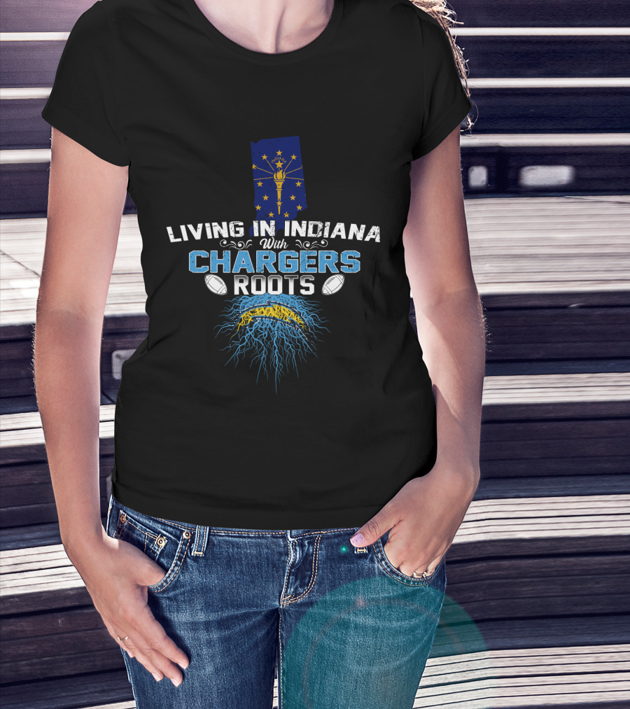 Living In Indiana With Chargers Roots Indiana State Flag Football Helmet Roots T-Shirt