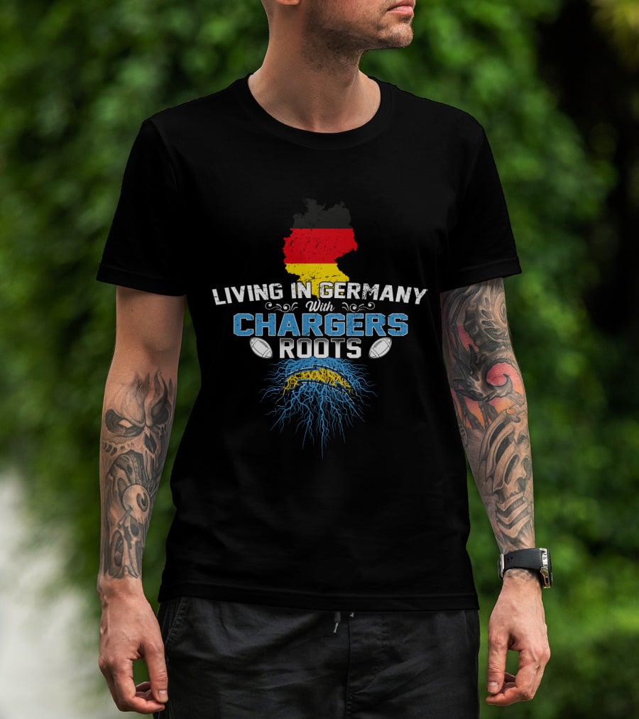 Living In Germany With Chargers Roots Map Flag Football Lightning T-Shirt