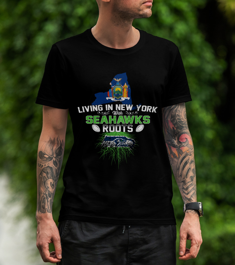 Living In New York With Seahawks Roots New York State Outline Seahawks Logo Footballs T-Shirt
