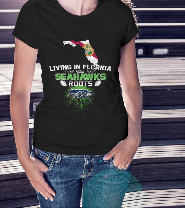 Living In Florida With Seahawks Roots Featuring State Flag And Logo Elements T-Shirt