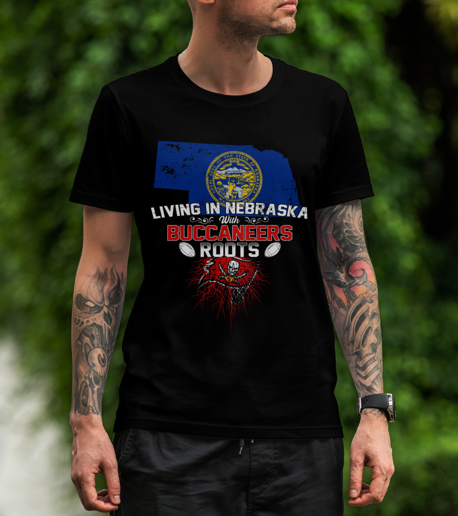 Living In Nebraska With Buccaneers Roots Nebraska State Seal Football Skull Flag T-Shirt