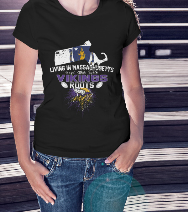 Living In Massachusetts With Vikings Roots Nordic Heritage Football Motif T-Shirt