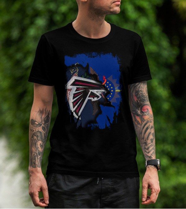 North Dakota Together With Falcons NFL Logo On State Flag Background T-Shirt