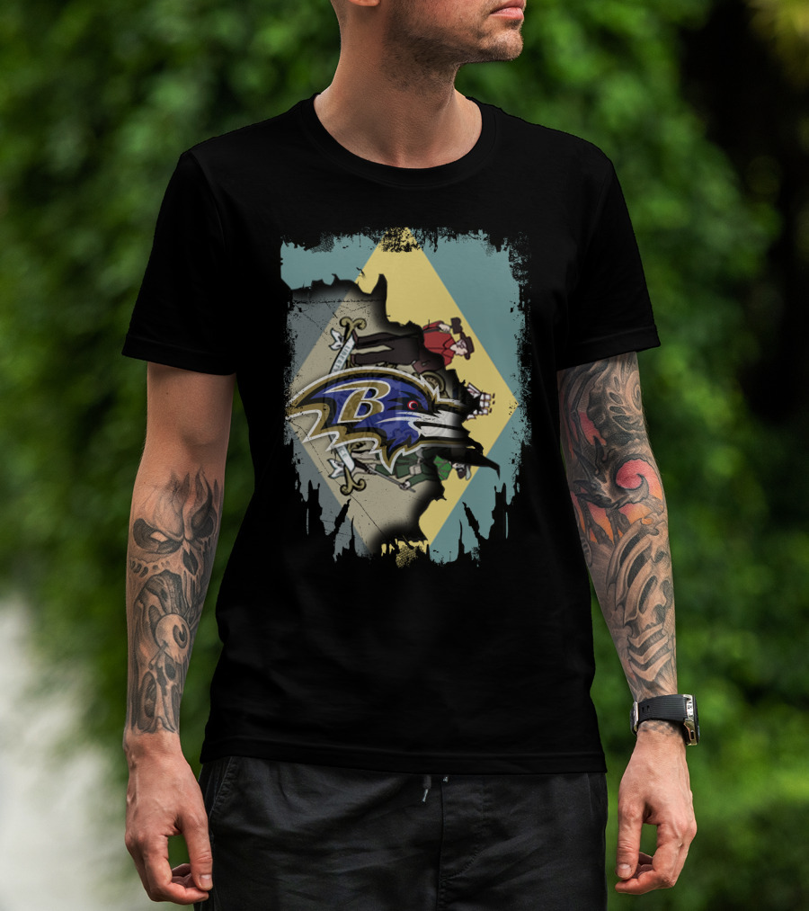 Baltimore Ravens Logo With Delaware Flag Fusion T-Shirt
