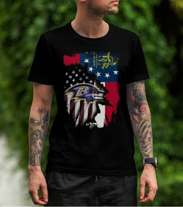 Georgia Flag With Baltimore Ravens American Flag Overlay T-Shirt