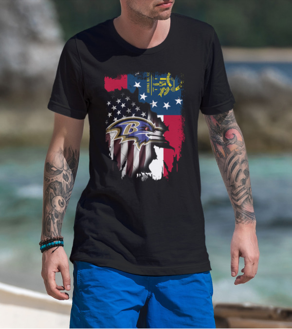 Georgia Flag With Baltimore Ravens American Flag Overlay T-Shirt