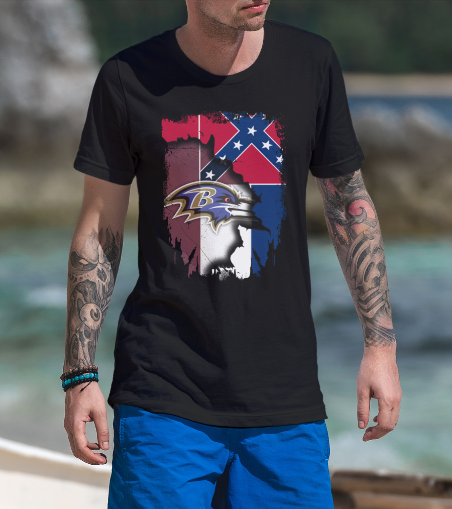 Baltimore Ravens Combined With Mississippi Flag Elements T-Shirt