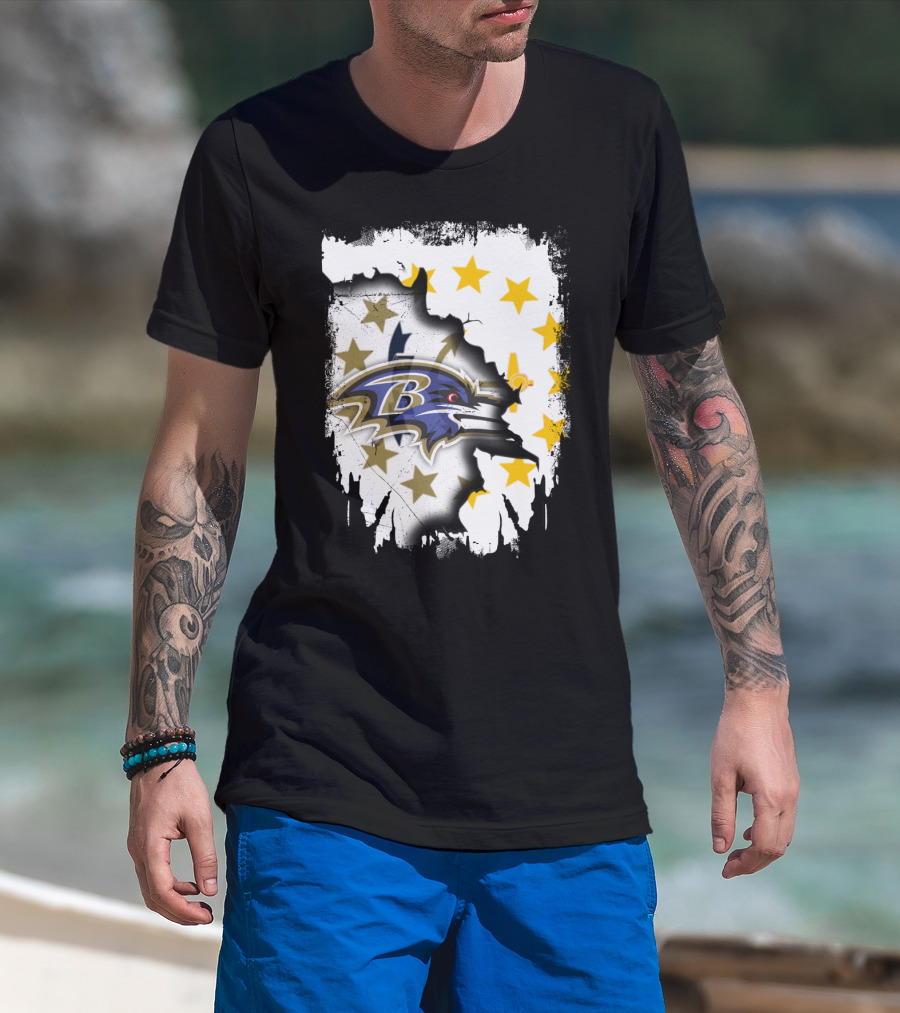 Rhode Island Map With Baltimore Ravens Logo And Stars T-Shirt