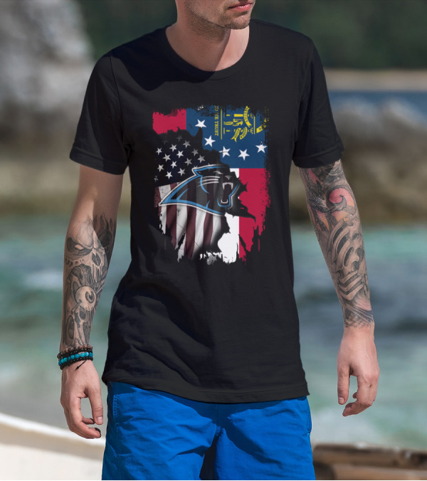 Georgia Flag And American Flag With Carolina Panthers T-Shirt