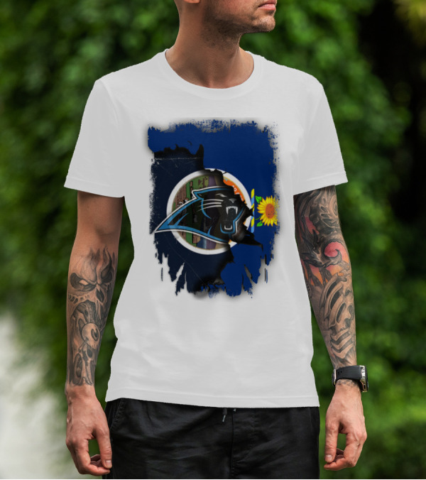 Kansas Sunflower With Carolina Panthers Logo Fusion T-Shirt