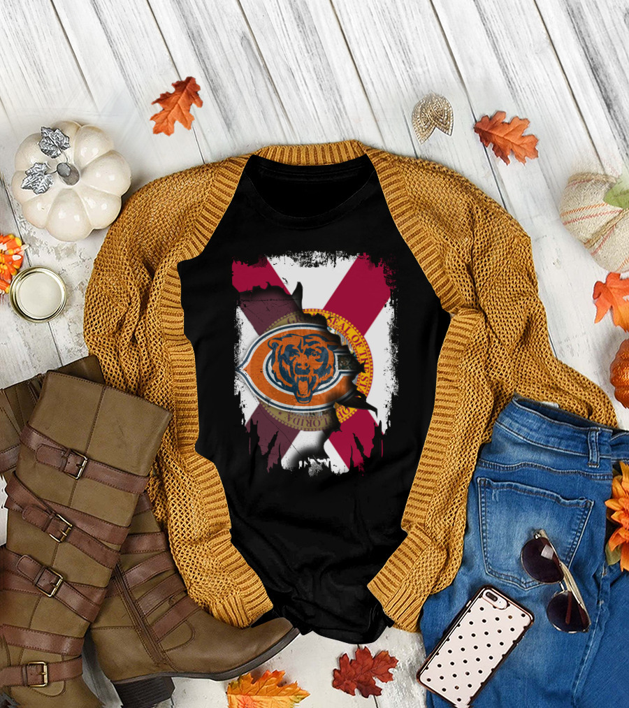 Florida Flag with Chicago Bears Logo Overlay T-Shirt