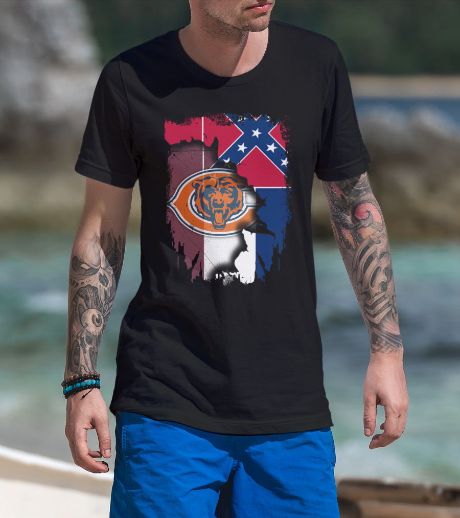Chicago Bears Logo Over Mississippi Flag Tear T-Shirt
