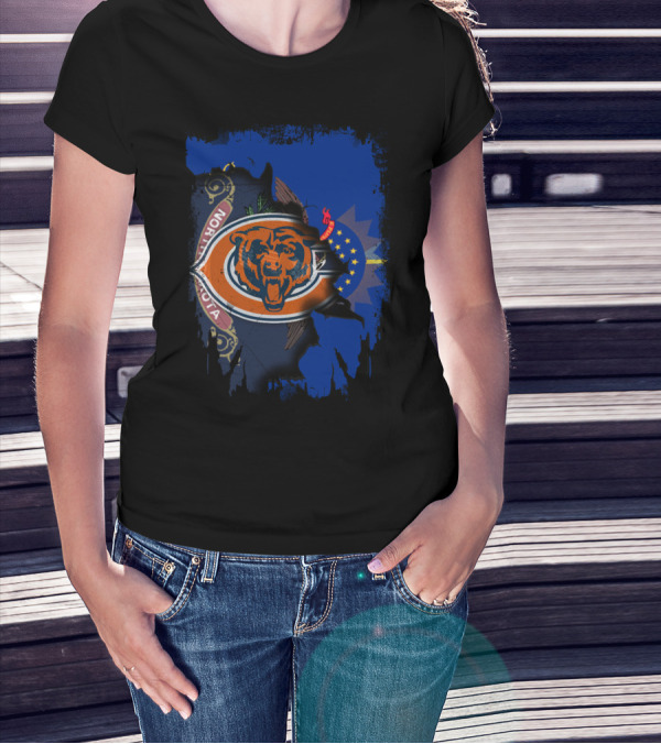 North Dakota Flag With Chicago Bears Logo Fusion T-Shirt