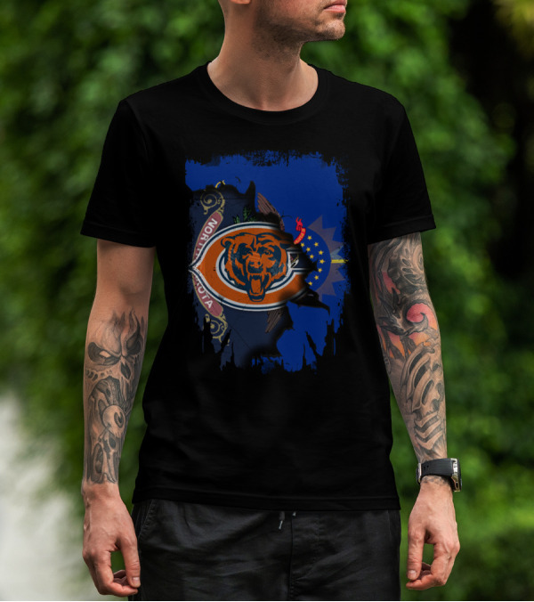 North Dakota Flag With Chicago Bears Logo Fusion T-Shirt