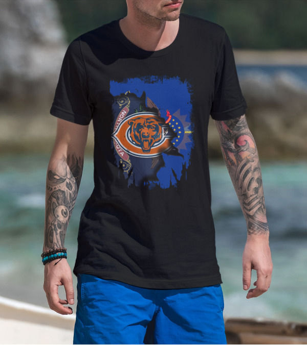 North Dakota Flag With Chicago Bears Logo Fusion T-Shirt