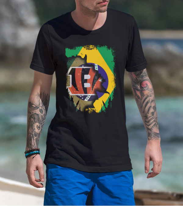 Together Brazil With Cincinnati Bengals Emblem And Flag Fusion T-Shirt