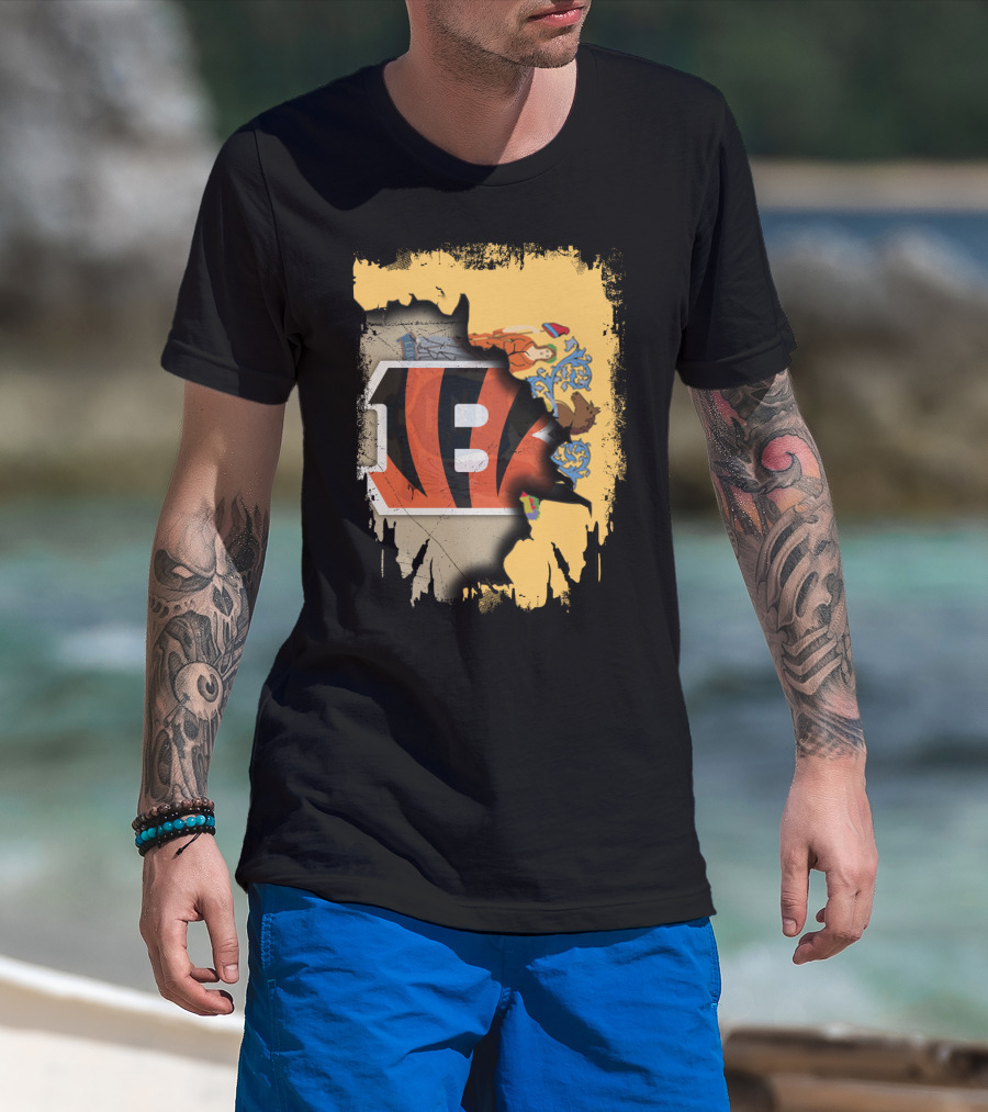 New Jersey State Map With Bengals Stripes And Emblem Overlay T-Shirt