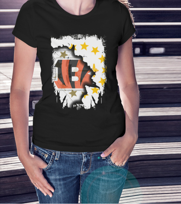 Rhode Island Map With Cincinnati Bengals Logo And Stars T-Shirt