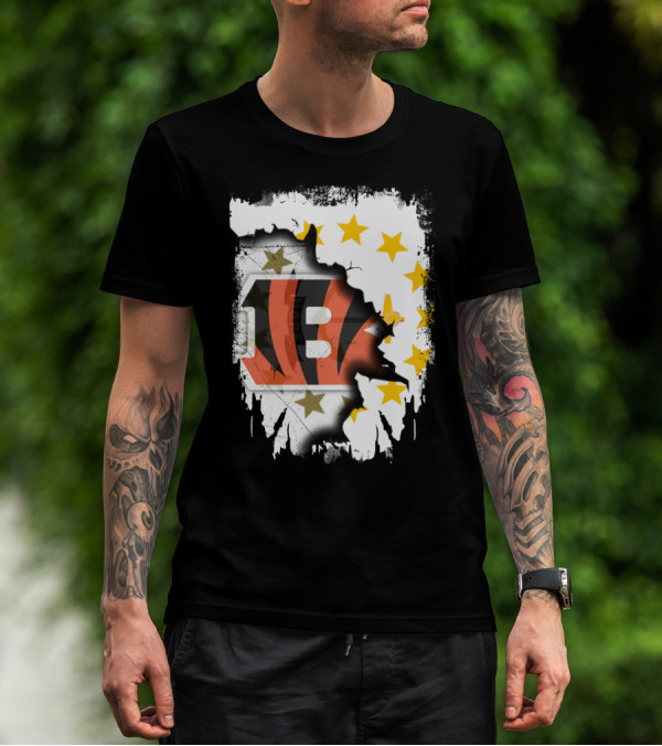 Rhode Island Map With Cincinnati Bengals Logo And Stars T-Shirt